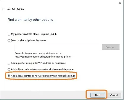 Add a local printer or network print with manual settings - Screenshot