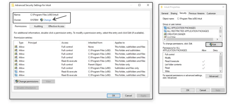 Adding Windows permissions to QuickBooks installation folders - Screenshot