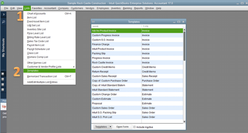 Templates list in QuickBooks Desktop showing invoice templates with the Lists menu open - Screenshot