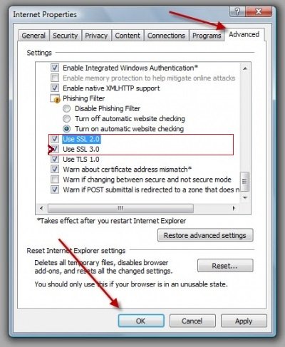 Reviewing on the Internet Explorer settings -Screenshot