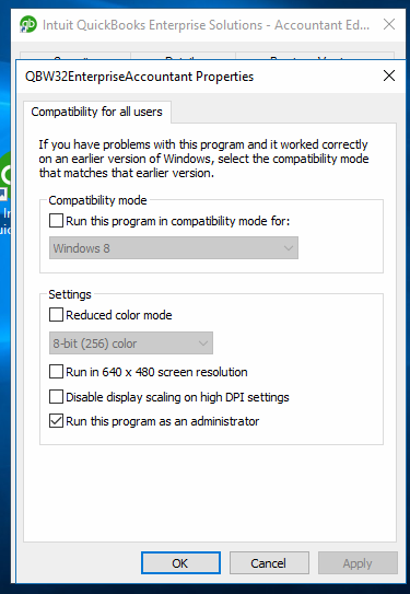 Running QuickBooks as Administrator-screenshot