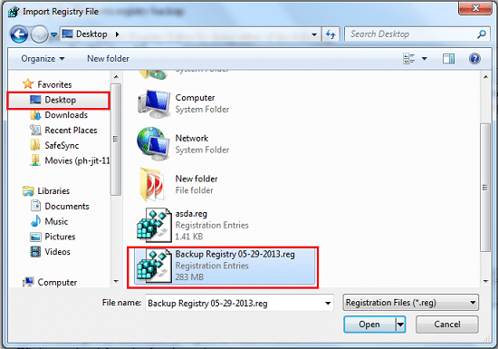 Save the created registry backup on the desktop - Screenshot