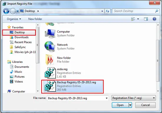 Save the created registry backup on the desktop - Screenshot