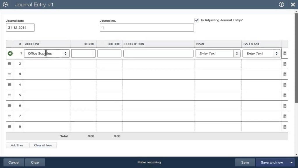 Entering date and journal number - Screenshot