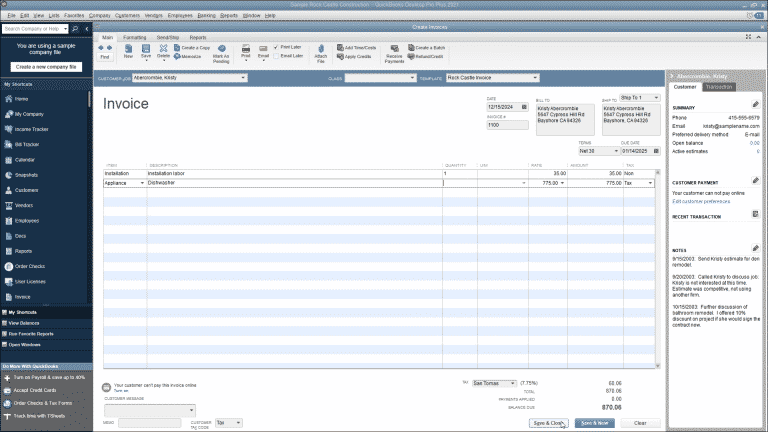 Invoice in QuickBooks-screenshot