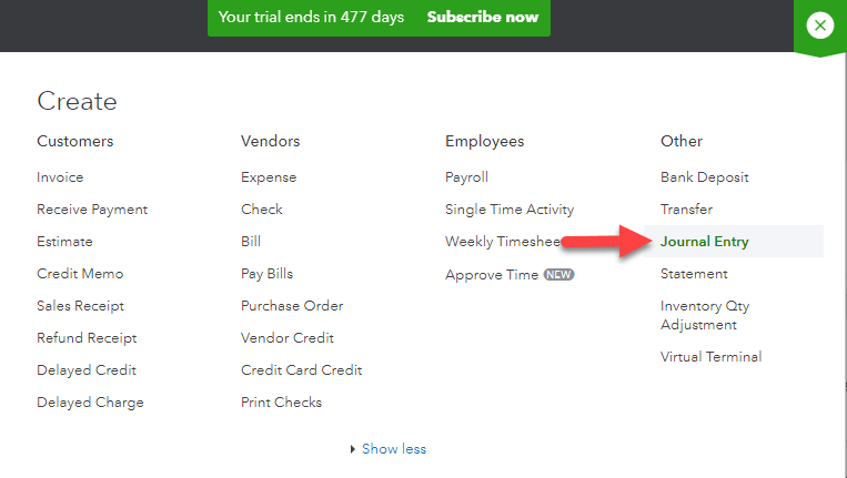 Journal Entry option in QuickBooks - Screenshot