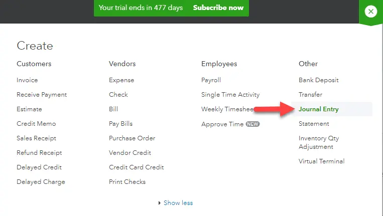 Journal Entry option in QuickBooks - Screenshot