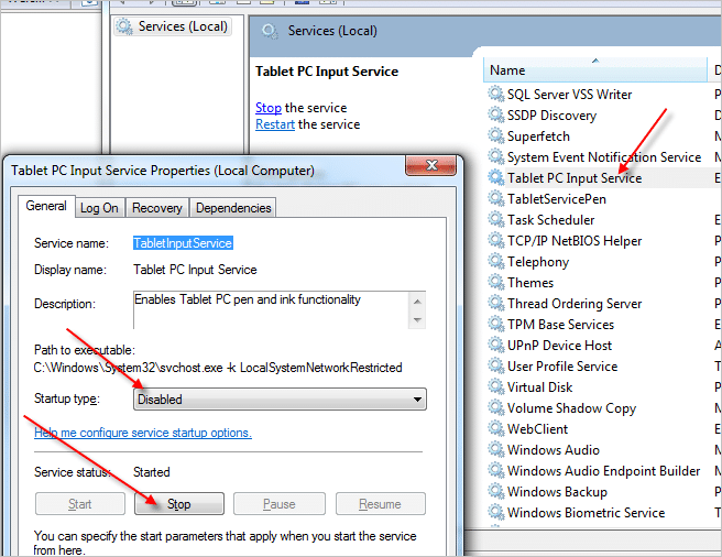 Turning off tablet PC input services - Screenshot