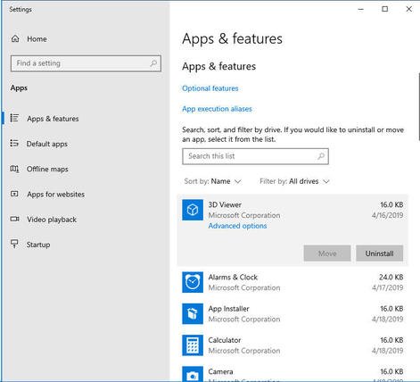 Apps and Features option in Windows 10 - Screenshot