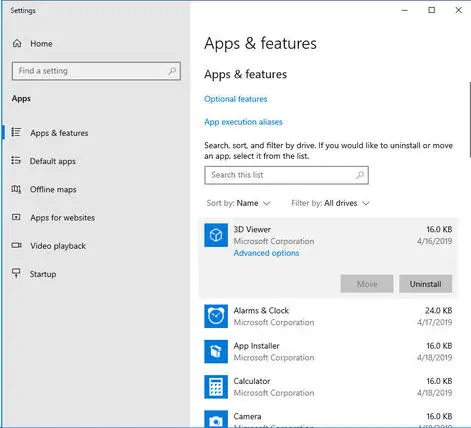 Apps and Features option in Windows 10 - Screenshot