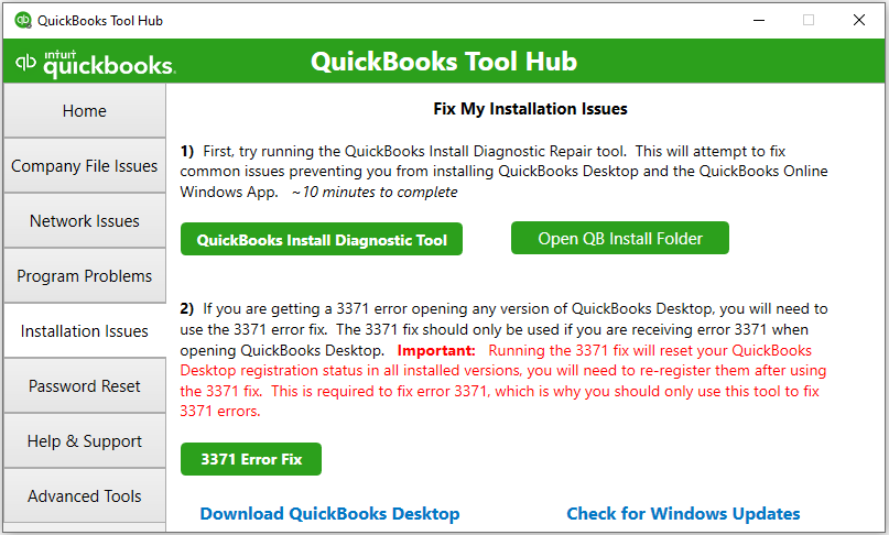 Installation issues tab in tool hub program - Screenshot Image