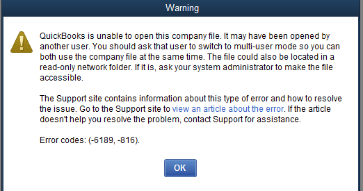 QuickBooks Error 6189, 816 - Screenshot Image