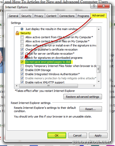 Do not save encrypted pages - Screenshot