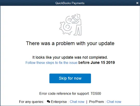 QuickBooks Error TD500 (There was a problem with your update) - Screenshot