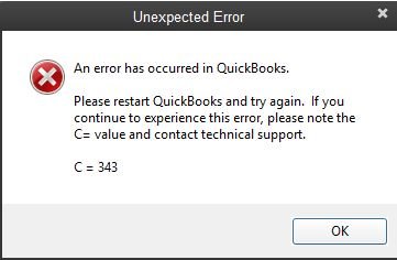 QuickBooks Unexpected Error Code C=343 - Screenshot