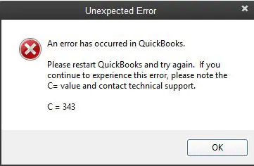 QuickBooks Unexpected Error Code C=343 - Screenshot