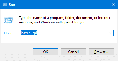 Type inetcpl.cpl in run box - Screenshot