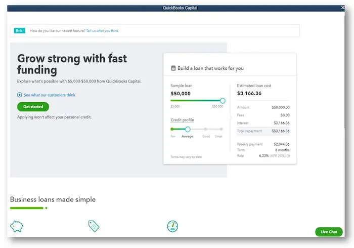 QuickBooks capital funding- Screenshot Image
