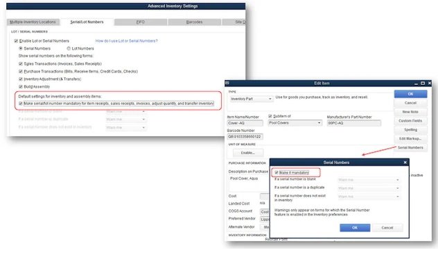 Serial or lot numbers required on transactions feature - Screenshot Image