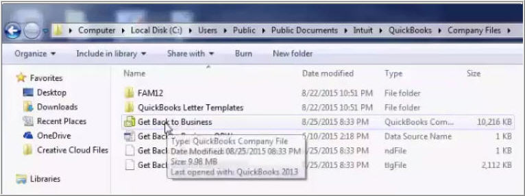 File Explorer showing the QuickBooks Company Files folder with a QuickBooks company file, ndFile and tlgFile - Screenshot