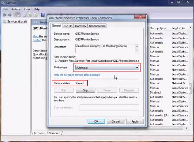 Start QuickBooks Service Option - Screenshot Image