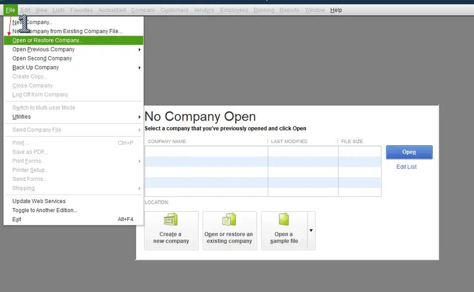 QuickBooks Desktop Open a Company File screen for setting up multi-user access