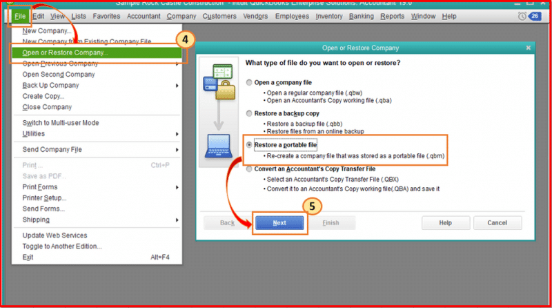 Restore QuickBooks portable company file - Screenshot Image