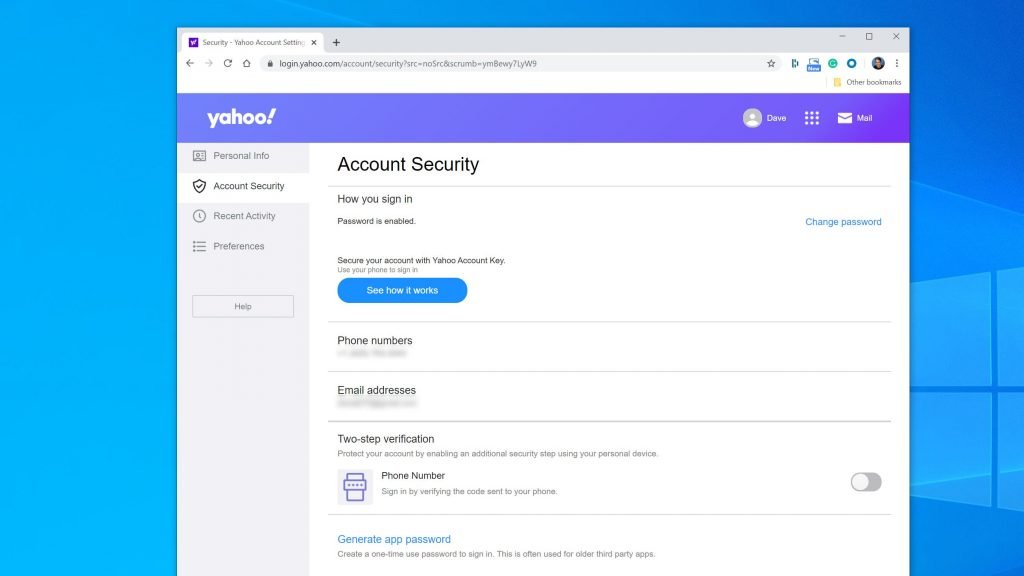 Visit the Yahoo account security page - Screenshot Image