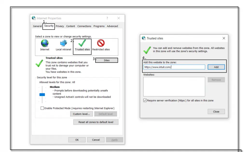 Check internet firewall and internet security settings and allow QuickBooks connections - Screenshot Image