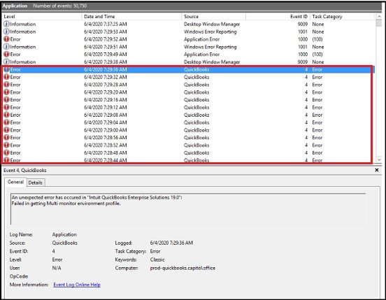 QuickBooks Event Log ID 4 Error - Screenshot Image