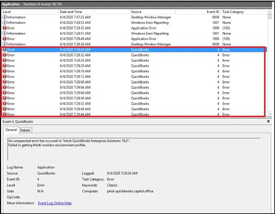 QuickBooks Event Log ID 4 Error - Screenshot Image