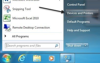 Devices and Printers option - Screenshot Image