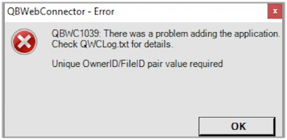 QBWC1039 - Unique OwnerID FileID pair value required - Screenshot Image