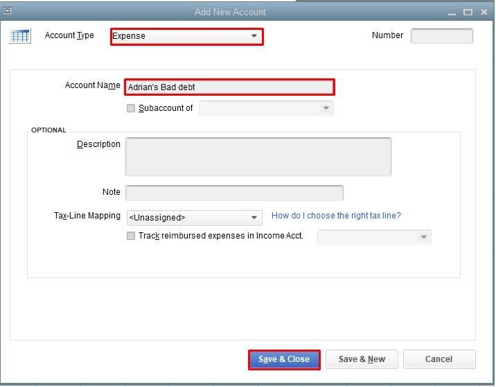 Create a Bad Debts Expense Account - Screenshot Image