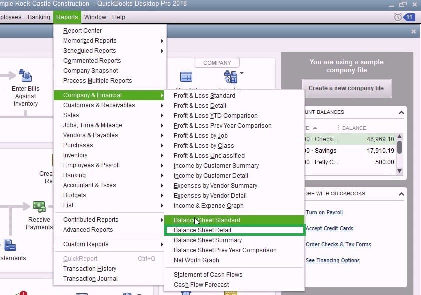 Balance sheet detail - Screenshot Image