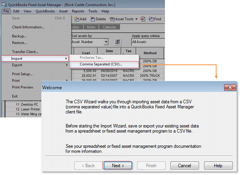 Importing fixed assets from excel into fixed asset manager - Image