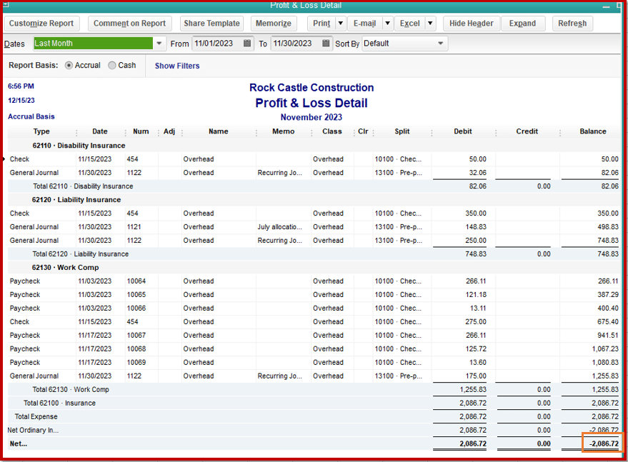 Profit and loss detail - Screenshot Image