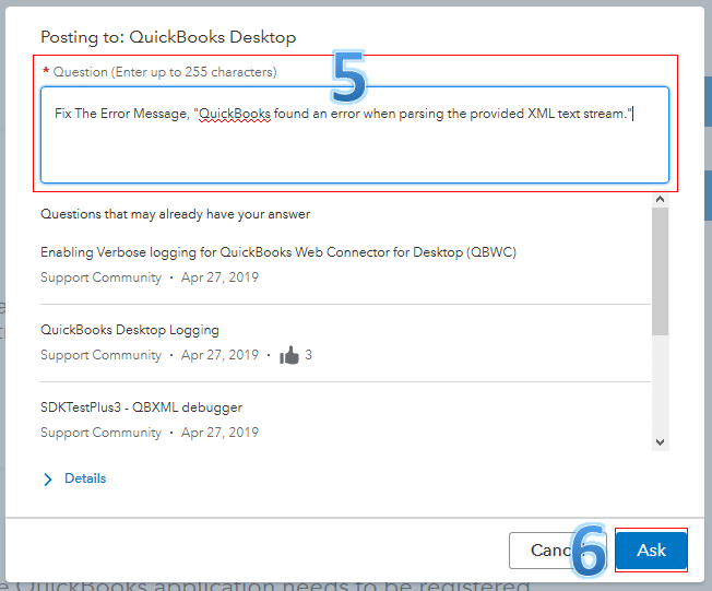 QuickBooks found an error when parsing the provided XML text stream - Screenshot Image
