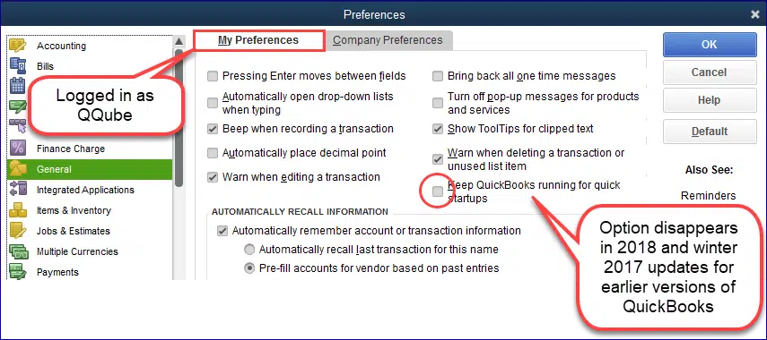 keep QuickBooks running for quick startup option - Screenshot Image