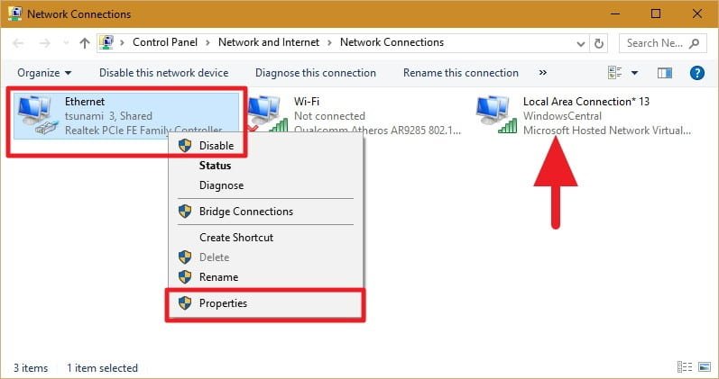 Ethernet properties - Screenshot Image