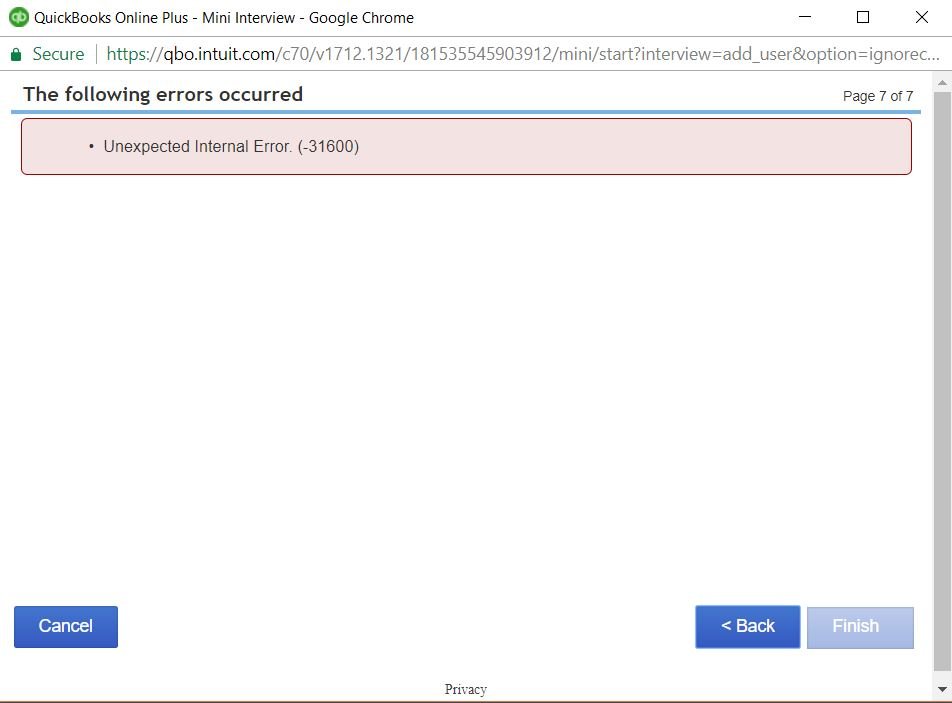 QuickBooks Unexpected Internal Error 31600 - Screenshot Image