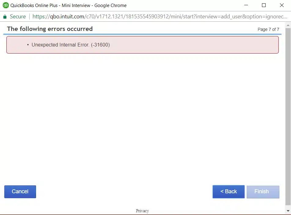QuickBooks Unexpected Internal Error 31600 - Screenshot Image