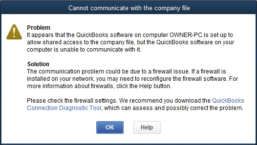 Cannot communicate with the company file due to firewall - Screenshot Image