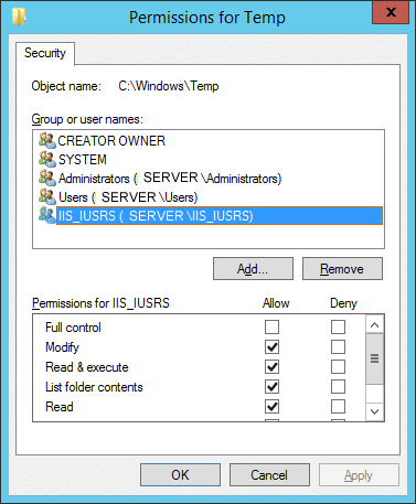 Change the permissions of the windows temp folder - Screenshot Image