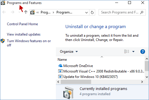 Launch Programs and features - Screenshot
