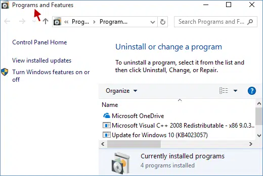 Launch Programs and features - Screenshot