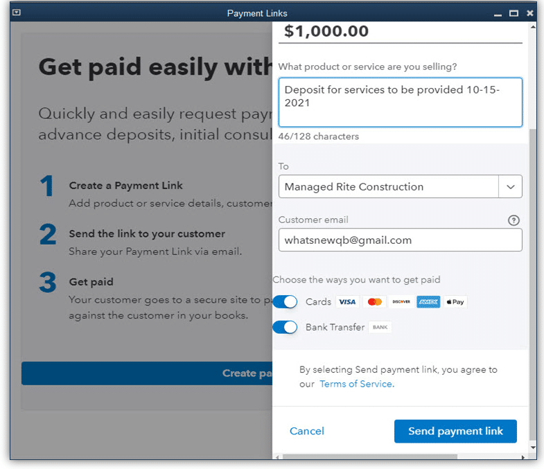 Payment links for customer pre-payments - Screenshot Image