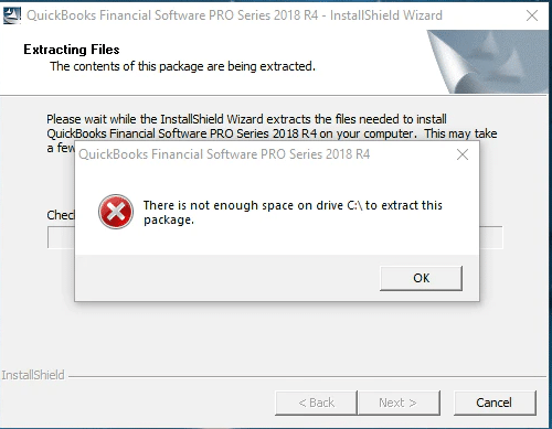 There is not enough space on drive C to extract this package - Screenshot Image