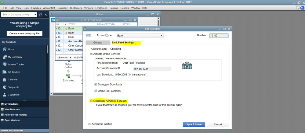 Deactivating Bank Feeds - Screenshot Image