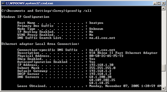 Ipconfig all command - Image
